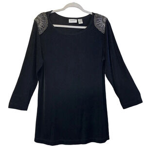 Chico's Travelers Womens Size 2 US 12/L Black Beaded Shoulders Tunic